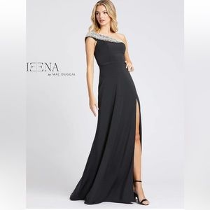 Ieena Mac Duggal Pearl One Shoulder Slit Gown Sz 2 ($398) Black